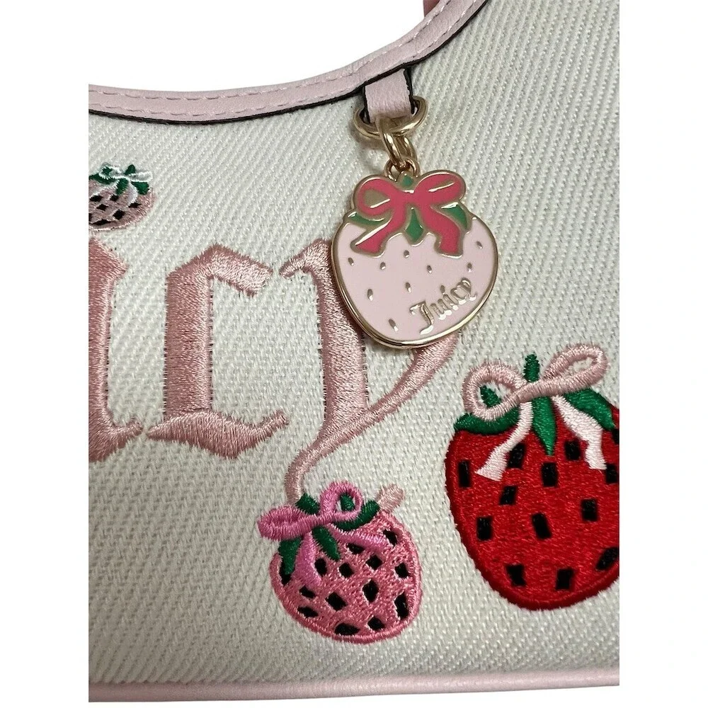 Juicy Couture Hobo Bag Womens Small Cream Pink Strawberry Charm Y2K